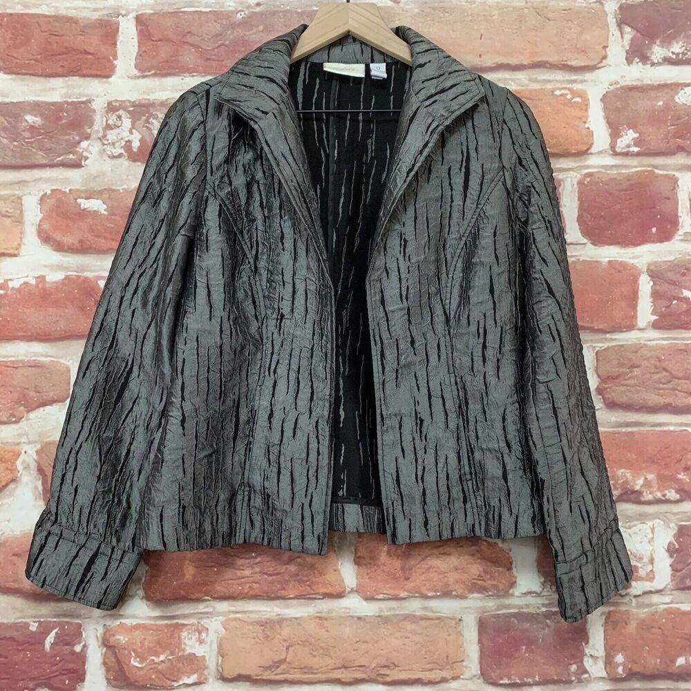 Chicos Blazer Jacket Women's Small 0 Silver Black Metallic Abstract Open Front